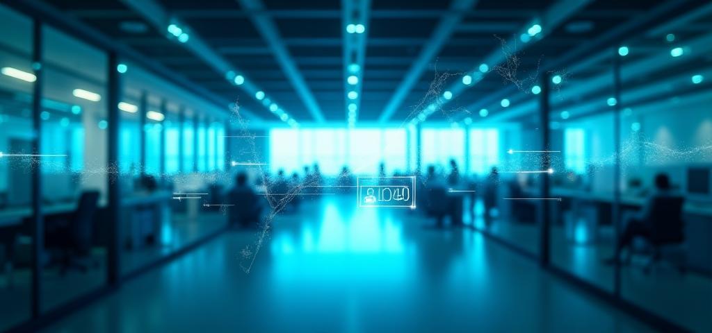 Modern enterprise office with digital overlays representing technology and innovation