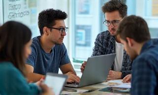 Software developers working collaboratively using laptops and whiteboards